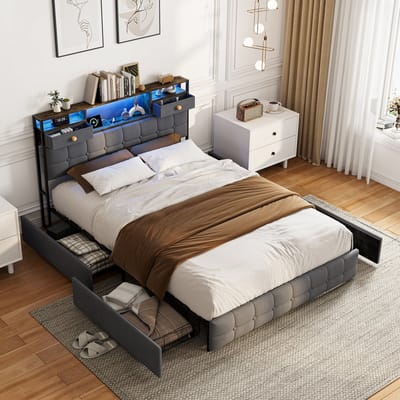 Opbergbed 140x200 cm Grijs Fluweel – Tweepersoonsbed met LED Verlichting, USB Oplaadpoort en 4 Lades