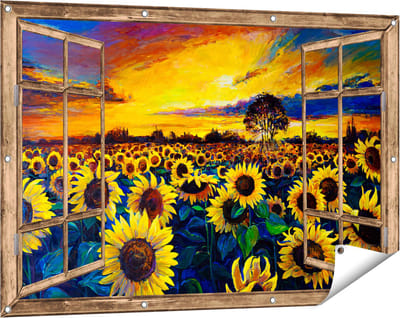 Gards Tuinposter Doorkijk Getekende Zonnebloemen Veld met Olieverf - 120x80 cm - Tuindoek - Tuindecoratie - Wanddecoratie buiten - Tuinschilderij
