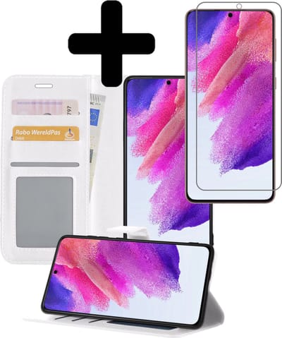 Hoesje - Met Screenprotector - Geschikt voor Samsung Galaxy S21 FE - Luxe Pasjeshouder - Bookcase Portemonee - Flip Case - Kunstleer Book Case - Flipcase - Book Cover - Walletcase - Portemonneehoes - Telefoonhoesjes - Wit