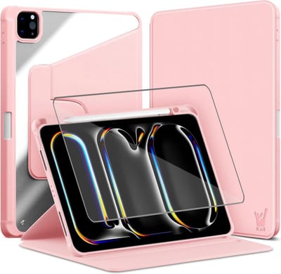 Hoes met Screenprotector geschikt voor iPad Pro 11 inch 2024 - Book Case Premium Sleep Cover Kunstleer 360 Graden Draaibaar met Auto/Wake Functie en Pencilhouder - Roze