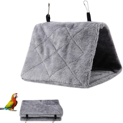 Hangende vogelhangmat - Driehoekig pluchen vogelhuisje - Winterwarm slaapbed - Warm vogelnesthuis - met dubbele haken - Comfortabel en zacht - Geschikt voor suikereekhoorns, valkparkieten, ara's, lovebirds, etc. - Grijs