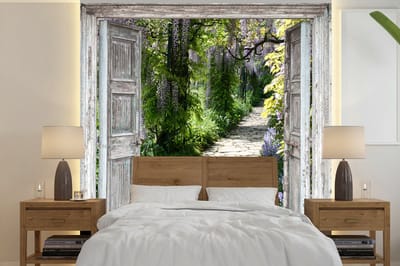 Behang - Fotobehang Doorkijk - Bos - Stenen - Lente - Breedte 350 cm x hoogte 350 cm