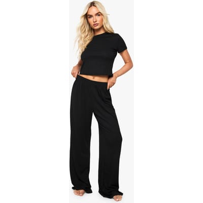 boohoo Dames Pointelle Baby T-shirt en pyjama set met wijde pijpen | Zwart | Maat: 40