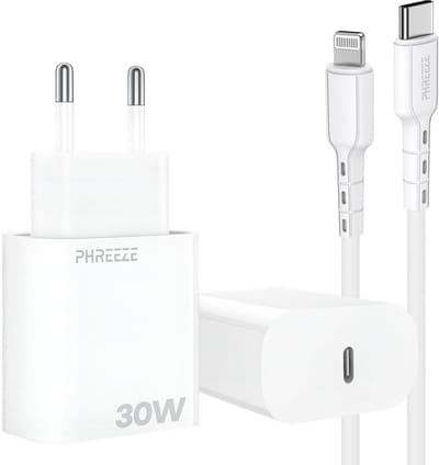 Snellader met usb C poort met geschikt voor Lightning naar usb C kabel - 30w oplader geschikt voor iPhone en iPad met oplaadkabel 1 meter wit