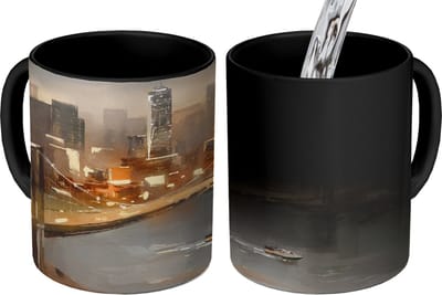 Magische Mok - Foto op Warmte Mokken - Koffiemok - Schilderij - Olieverf - Skyline - Stad - Water - Magic Mok - Beker - 350 ML - Theemok