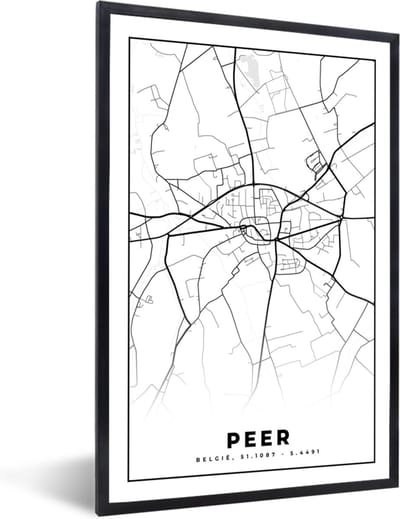 Fotolijst incl. Poster Zwart Wit- België – Peer – Stadskaart – Kaart – Zwart Wit – Plattegrond - 40x60 cm - Posterlijst