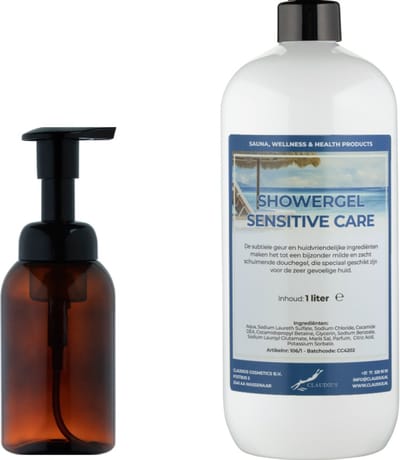 Zeepdispenser 300 ml amber bruin hervulbaar + 1 liter Showergel Sensitive Care navulling