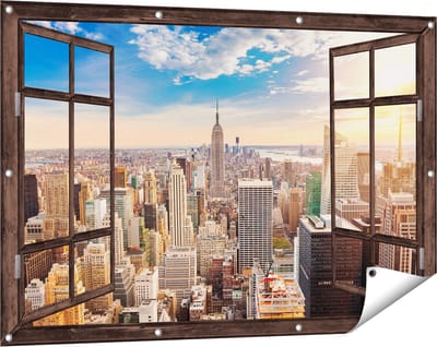 Gards Tuinposter Doorkijk New York Manhattan tijdens Zonsondergang - 120x80 cm - Tuindoek - Tuindecoratie - Wanddecoratie buiten - Tuinschilderij