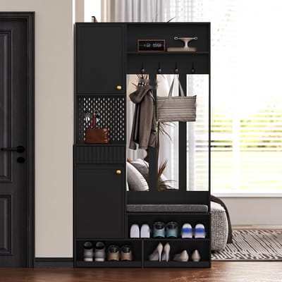 Garderobe Set - Halmeubel Combinatie - Entree Opbergen - Geïntegreerde Schoenenbank - 100x180x35cm - Zwart