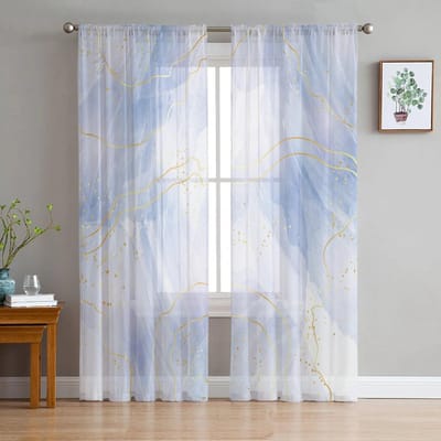 Marmerlijn Goud Verloop Overlap Blauwe Slaapkamer Transparante Vitrage Vakantiedecoratie Raam Voile Tule Gordijn 135W x 114H(cm) white