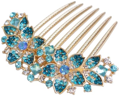 JeiibrZui Dames Haar Kam Met Bloemen En Strass - 9,7 X 9,3 Cm - 1 Stuk - Blauw - Bruidsjurk Accessoire Voor Feesten