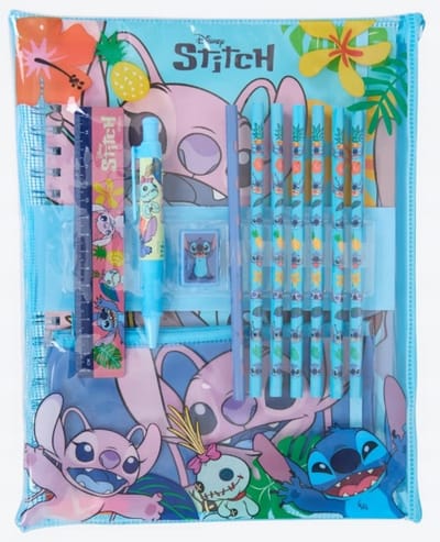 Disney Lilo en Stitch schrijfset: liniaal, pen, kleurpotloden, notitieboekje, etui.