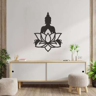 Wanddecoratie Budha Lotus - Muurdecoratie Lotus Budha - Muurdecoratie Hout - Wanddecoratie Hout - Muurdecoratie Woonkamer - Wanddecoratie Woonkamer - Wanddecoratie Industrieel - Wanddecoratie Dieren - Home Decor - Wall Line Art - 82 x 59 cm