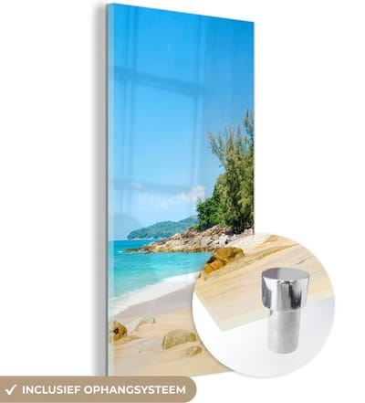 MuchoWow® Glasschilderij 20x40 cm - Schilderij acrylglas - Strand - Zee - Planten - Tropical - Foto op glas - Schilderijen
