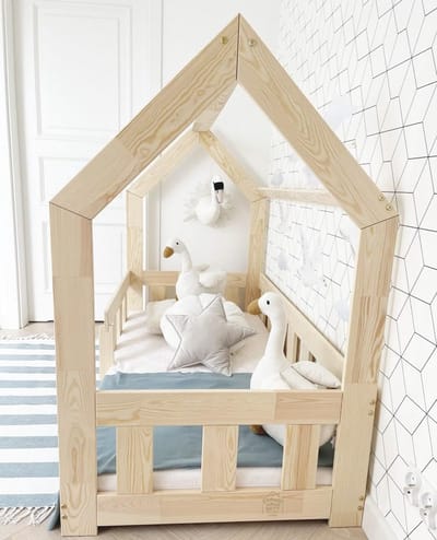 Huisvormig Kinderbed 140x200cm met Valbeveiliging Natuurlijk Hout