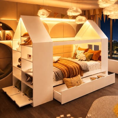 MIVRAY Kinderbed 90x200 cm Zonder Matras - Huisbed Met LED, 2 Lades en Opbergruimte - Voor Kinderkamer en Jeugdkamer - Massief Hout en MDF - Wit
