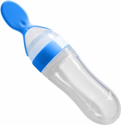 SY Goods - Knijpfles met lepel - Antiknoei lepel – Siliconen Babyfles – Babybestek – Doseerfles - Voedingslepel - Babylepel – Fruithapjes – Babyhapjes – Fruitpuree – Groentepuree - BPA vrij – 90 ml - Blauw