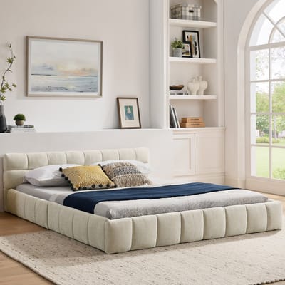 MODENUIT Gestoffeerd bed 160x200 cm – Chenille met vierkant stiksel – Houten en metalen frame – Zonder matras – Beige