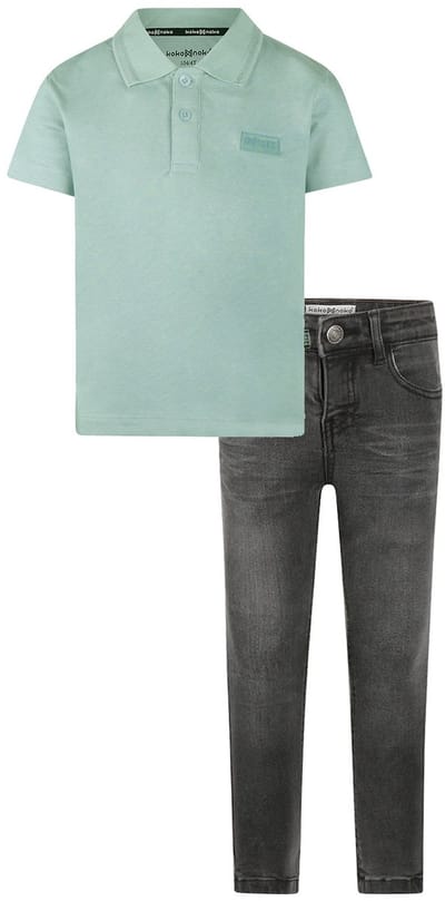 Koko Noko - Kledingset - Basic Collection - Bio Cotton - Dark grey jeans - Polo Shirt Light Blue - Maat 92