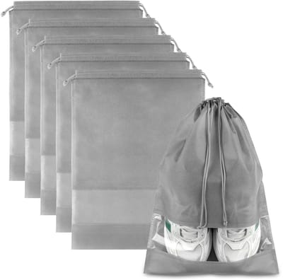5 Stuks Schoenenzakken voor Reizen – Grote Opbergzakken voor Schoenen met Trekkoord en Transparant Venster – Ademende Reis Organizer voor Sneakers, Sportschoenen en Koffers – Grijs
