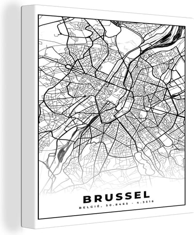 Canvas Schilderij België – Brussel – Stadskaart – Kaart – Zwart Wit – Plattegrond - 20x20 cm - Wanddecoratie