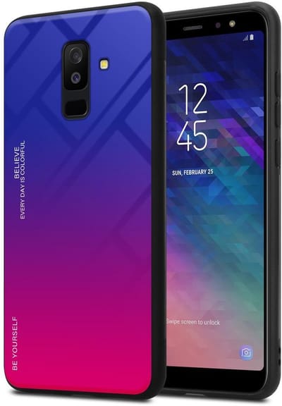 Cadorabo Hoesje geschikt voor Samsung Galaxy A6 PLUS 2018 in PAARS - ROOD - Tweekleurige beschermhoes van TPU-silicone Case Cover en achterzijde van gehard glas