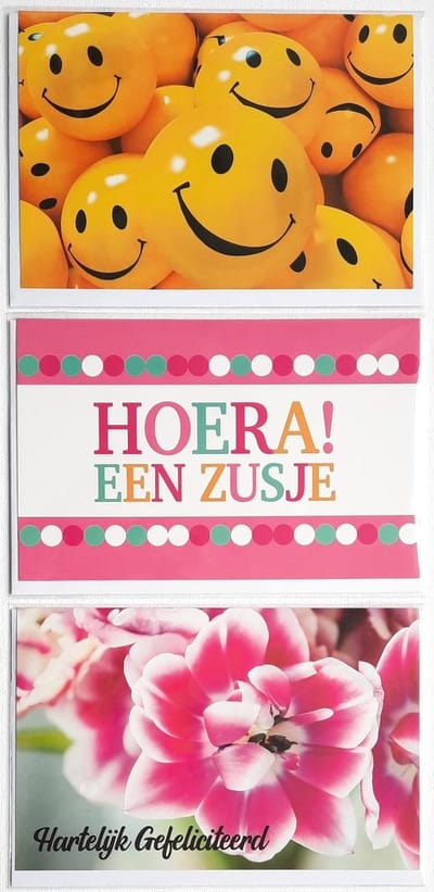3 Wenskaarten - Hoera! Een Zusje + Hartelijk Gefeliciteerd + Blanco Kaart Smiley’s - 12 x 17 cm – GEB-310