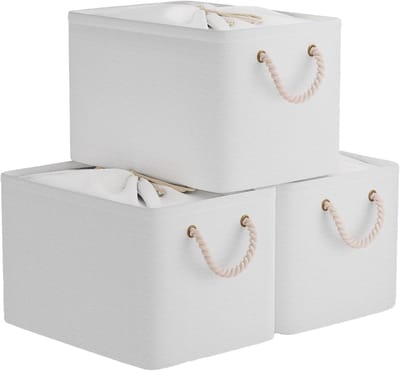 Famanu – Set van 3 grote opvouwbare opbergmanden – 40 × 30 × 26 cm – Met handgrepen en trekkoord – Wit