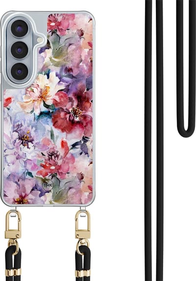 Telefoonhoesje met koord geschikt voor Samsung S26 - Bloemen acryl - Inclusief koord - Transparant, Multi - - Crossbody beschermhoes - Met Telefoonketting