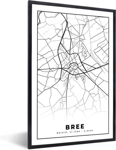 Fotolijst incl. Poster Zwart Wit- Stadskaart – Plattegrond – België – Zwart Wit – Bree – Kaart - 40x60 cm - Posterlijst