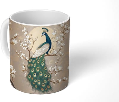 Mok - Koffiemok - Pauw - Tak - Bloemen - Mokken - 350 ML - Beker - Koffiemokken - Theemok