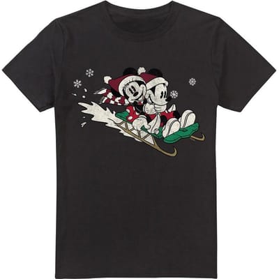 Disney Heren Sleeën voor Kerstmis Mickey & Minnie Mouse T-Shirt (Zwart)
