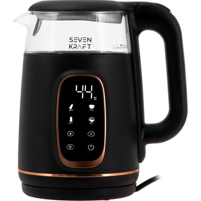 SEVENKRAFT Design Waterkoker 1,7L - Instelbare Temperatuur (40-100°C) - Zwart/Goud- Waterkoker Retro - Waterkoker met temperatuurregeling- Glas - 2200W