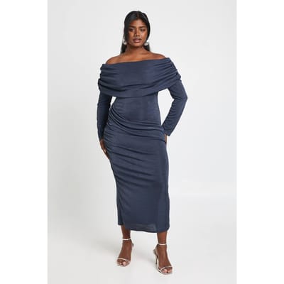 boohoo Dames Plus Gedrapeerde Bardot Midaxi Jurk | Charcoal | Maat: 26