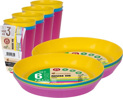 Juypal Servies set - 12x borden en drinkbekers - multi - kunststof - herbruikbaar