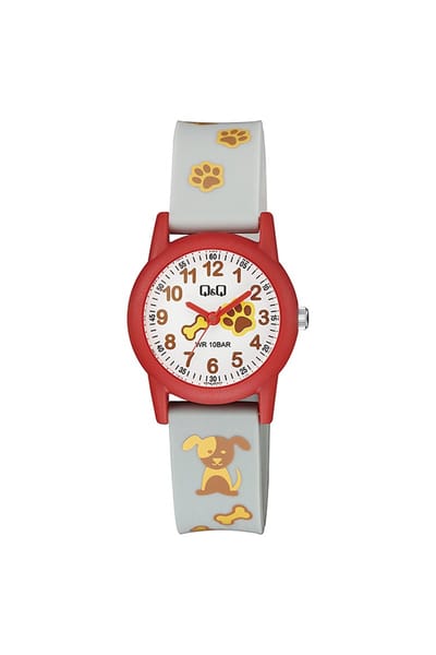 Q&Q V22A-005VY - Horloge - Sport - Analoog - Kinderen - Unisex - Plastic band - Rond - Kunststof - Cijfers - Honden - Grijs - Rood - Geel - Bruin - 10 ATM