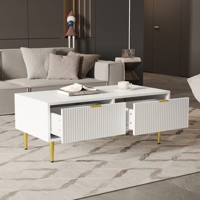 DESMIU Salontafel - Moderne Witte Salontafel Met Gouden Accenten En 2 Laden - Voor Woonkamer En Zitkamer - MDF - 100 X 50 X 40 Cm - Wit