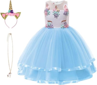 Unicorn Kostuum voor Meisjes, Prinsessenjurk met Sieraden en Hoofdband voor Verjaardagsfeest, Cosplay en Halloween, Leeftijd 2-10 Jaar