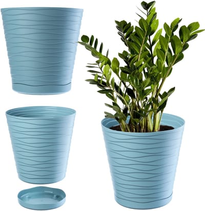 KADAX Bloempot met onderzetter, lichte ronde plantenbak voor binnen van kunststof, voor bloemen en planten (19 cm, pepermuntkleurig)