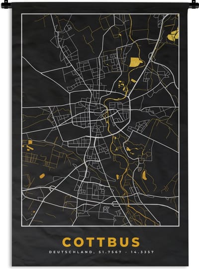 Wandkleed - Wanddoek - Cottbus - Goud - Kaart - Plattegrond - Stadskaart - Duitsland - 120x180 cm - Wandtapijt