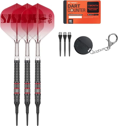 Target Darts Nathan Aspinall Soft Tip 95K Dart Set, 18G | 95% Tungsten Darts, K-Flex No.2 Flights & Shafts, Black Pixel Tips & Swiss Titanium Conversion Steel Points | Player Edition Professional Dart