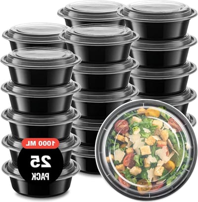 Ronde maaltijdprepdozen met deksel, 25 stuks, 1000 ml, plastic, herbruikbaar, luchtdicht en vaatwasserbestendig