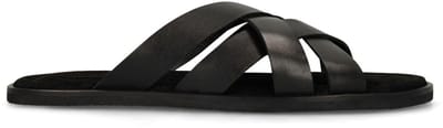Manfield - Heren - Zwarte leren gevlochten slippers - Maat 40