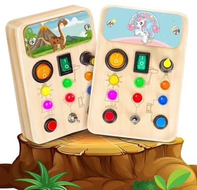 Houten Activiteitenbord - Motoriekbord Baby - Vroege Ontwikkeling - Met LED Verlichting - 25 cm - Multicolor