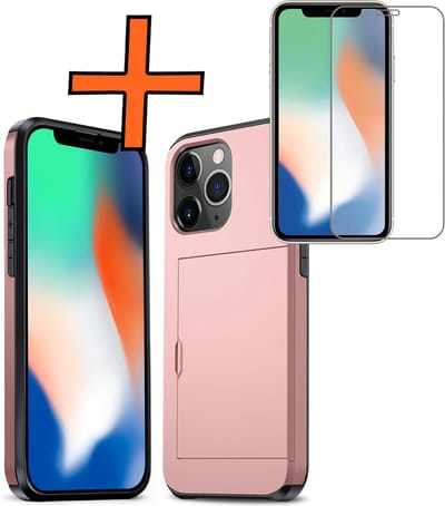 Hoesje Geschikt voor iPhone 11 Pro Hoesje Pasjeshouder Shockproof Hard Case Met Screenprotector - Hoesje Geschikt voor iPhone 11 Pro Hoes Met Kaarthouder - Rosé goud