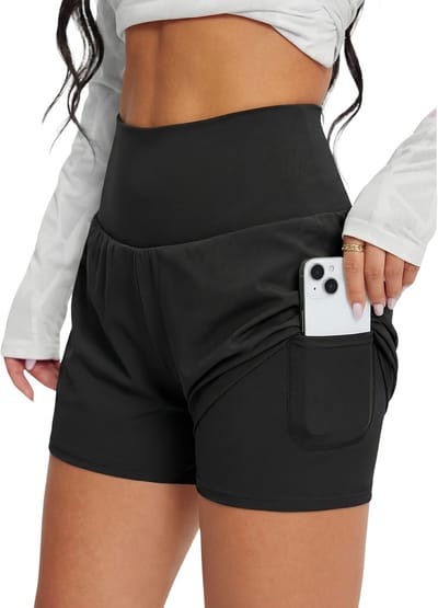 SparkNine Breeze dames short - sportshort - met telefoonzak - dubbellaags met binnenshort - M - zwart - fitness - hoge taille - ademend & sneldrogend