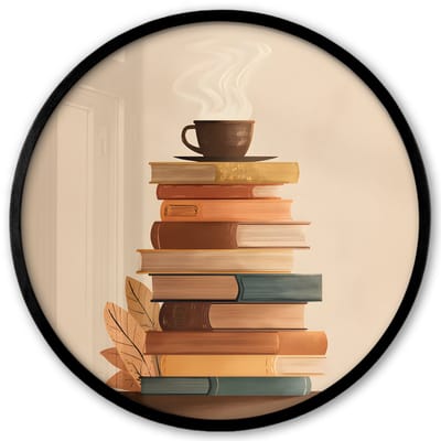 Poster in lijst Rond - Fotolijst 40x40 cm - Posters - Boeken - Toren - Koffie - Beige - Ronde posterlijst zwart - Decoratie - Wanddecoratie woonkamer - Muurdecoratie slaapkamer