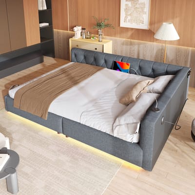 MIVRAY Slaapbank 140x200cm - Zonder Matras Met Lattenbodem En Led Sfeerverlichting - Met Usb En Type C - Linnen - Grijs