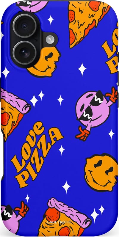 Casetastic hoesje geschikt voor Apple iPhone 17 - MagSafe - Dubbellaagse bescherming - Funky Pizza - Fashion Case - Paars Okergeel Donkerblauw Bruin