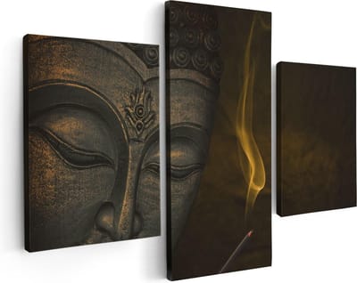 Artaza Canvas Schilderij Drieluik Boeddha Beeld Met Wierook - 90x60 cm - Wanddecoratie Woonkamer - Schilderijen - Muurdecoratie